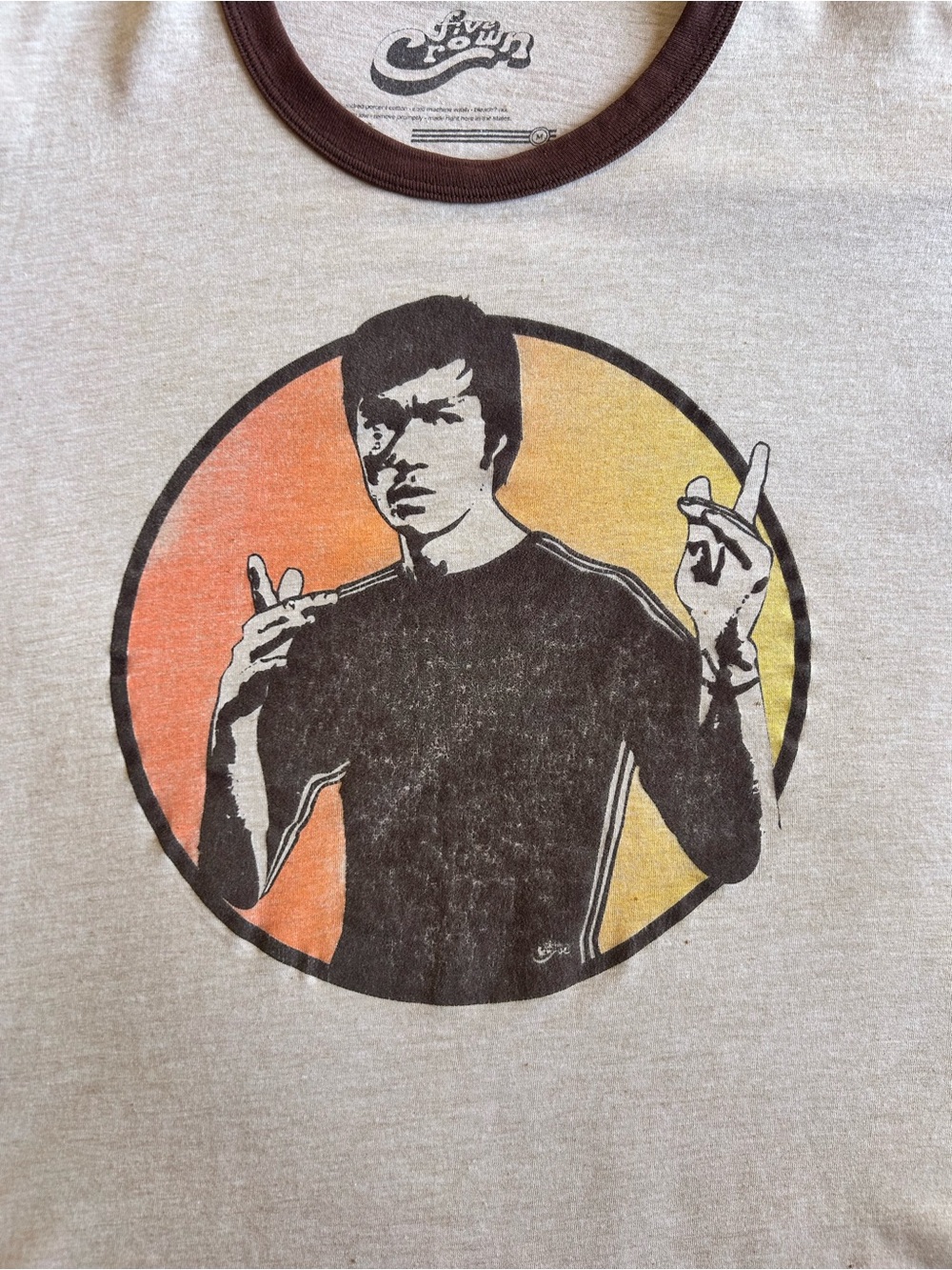 Bruce Lee Five Crown Ringer T Shirt Mens Medium Made USA Graphic Tee Beige Brown